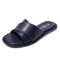 Luffymomo Womens Square Toe Flat Sandals Soft Leather Slide Sandals Cute Slip on Slippers for Summer