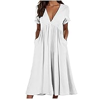 Summer Babydoll Midi Beach Dress Women Sexy V Neck Short Sleeve Shirt Dress Casual Loose High Waist A-Line Dresses