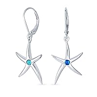 Blue Created Opal Accent Nautical Ocean Marine Life Starfish Drop Lever back Earrings For Women .925 Sterling Silver