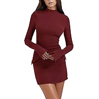 Bodycon Dresses for Women Solid Color Simple Classic Slim with Long Sleeve Round Neck Pockets Uniform Dress
