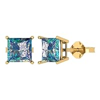 3.9ct Princess Cut Solitaire Blue Moissanite Unisex Pair of Stud Earrings 14k Yellow Gold Push Back conflict free Jewelry