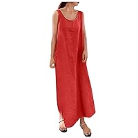 Women's Sun Dresses Summer Casual Linen Loose Pocket Round Neck Sleeveless Dress Semi Formal Dresses