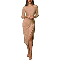 Women's Sexy Off Shoulder 3/4 Sleeve Bodycon Club Party Slit Midi Dress