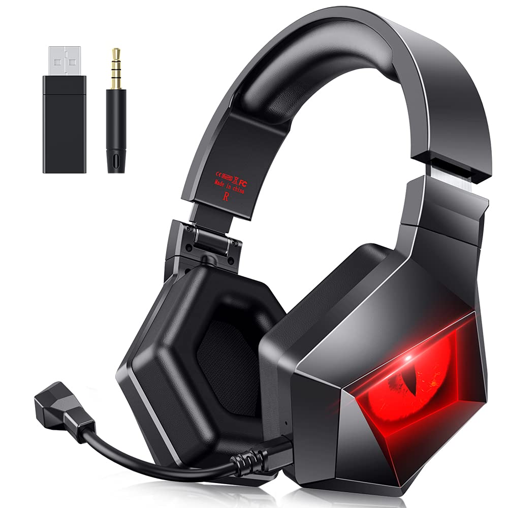 BENGOO 2.4G Wireless Gaming Headset Headphones for PS5 PS4 PC with Detachable Noise Canceling Mic, Red LED Light, Soft Memory Earmuffs, Battery up to 17 Hrs, Wired Mode for Xbox One Mac Switch PS2