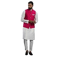 Elina fashion Men's Indian Cotton Kurta Pajama And Printed Nehru Jacket (Waistcoat) Indian Wedding Ethnic Diwali Puja Set