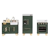 ROBUD Vintage Green Play Kitchen Set - Wooden Multi-Function Toy Washer Bundle with Toy Frige and Toy Oven for Ages 3-8