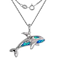 Sterling Silver Synthetic Opal Killer Whale Necklace for Women CZ Accent Hand Inlay 1 1/4 inch tall
