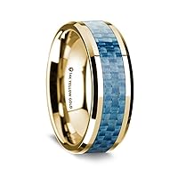 14K Yellow Gold Polished Beveled Edges Wedding Ring with Blue Carbon Fiber Inlay - 8mm