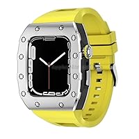 HEPUP Silikonband für Apple Watch 6 5 4 SE Serie 44 mm Metallblende Luxus Metall Lünette Gehäuse Gummiband Modifikation Kit für iwatch Serie 8 7 45 mm (Farbe: T, Größe: 45 mm für 8/7)