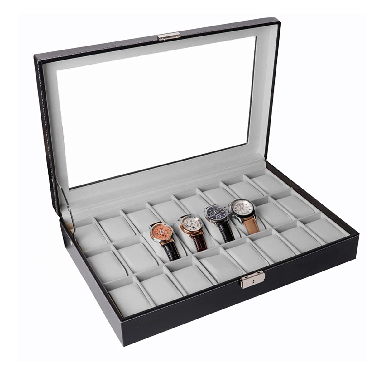 HUAXXIA Watch Box 24 Slots Jewelry Case for Men, Watch Case Lockable Storage Organizer with Clear Top, Removable Pillow Velvet Lining, Outstanding PU Leather, Big Collection Box Christmas Gift