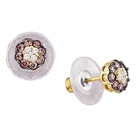 The Diamond Deal 14kt Yellow Gold Womens Round Cognac-brown Color Enhanced Diamond Cluster Earrings 1/2 Cttw