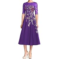 Women's Half Sleeves Floral Print Tulle Formal Evening Dress A-Line Tea Length Mother of Bride Dresses