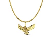 14K Yellow Gold Owl Pendant 15mmX20mm with 16 Inch To 24 Inch 0.8MM Width 14K Yellow Gold Square Wheat Chain Necklace