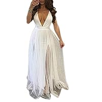 Womens Long Tulle Prom Dresses Deep V Neck Backless Formal Evening Party Gowns