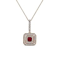 Princess Ruby & Natural Diamond Double Halo Pendant 0.36 ctw 14K Rose Gold. Included 18 Inches Chain
