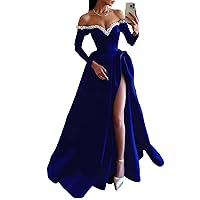 A-Line Sexy Evening Dress Off Shoulder Sweep/Brush Train Long Sleeve Prom Dress Satin with Pearls Slit 2024