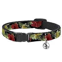 Cat Collar Breakaway Tropical Floral Collage Black Red Orange 8 to 12 Inches 0.5 Inch Wide