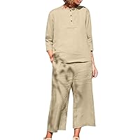 Womens 2 Piece Linen Outfits Casual Summer Set 3/4 Sleeve Shirts and Wide Leg Pants Set Loose Lounge Sets Resort Wear