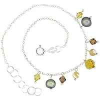 Sterling Silver Anklet Natural Faceted Citrine Bead Brown Pearls Bicone Crystals, Adjustable 9-10 inch