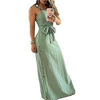 Women Hollow Out Maxi Dress Thick Buckle Strap Dress with Belt Casual Sleeveless Long Dress