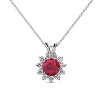 Ruby & Natural Diamond (SI2-I1, G-H) Floral Halo Pendant 1.28 ctw 14K White Gold 14K Gold Chain.