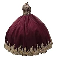 High Neck Gold Crystal Rhinestones Ball Gown Quinceanera Dresses Mexican Tulle Sweet 16 Prom Evening Dress