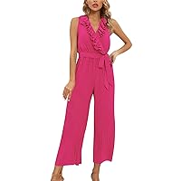 Women's Tank Dress Sleeveless Solid Color V-Neck Ruffle Lace Pleated Jumpsuit Summer Dresses 2023