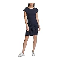 DKNY Womens Stretch Gathered Pull Over Style Cap Sleeve Jewel Neck Above The Knee Sheath Dress