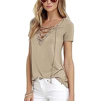 Andongnywell Women's Sexy Off The Shoulder Tops Women Rope Short Sleeve T-Shirt V Neck Blouse Casual Tunic