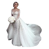 Long Sleeves Lace Illusion Bridal Ball Gowns with Detachable Train Mermaid Wedding Dresses for Bride 2023