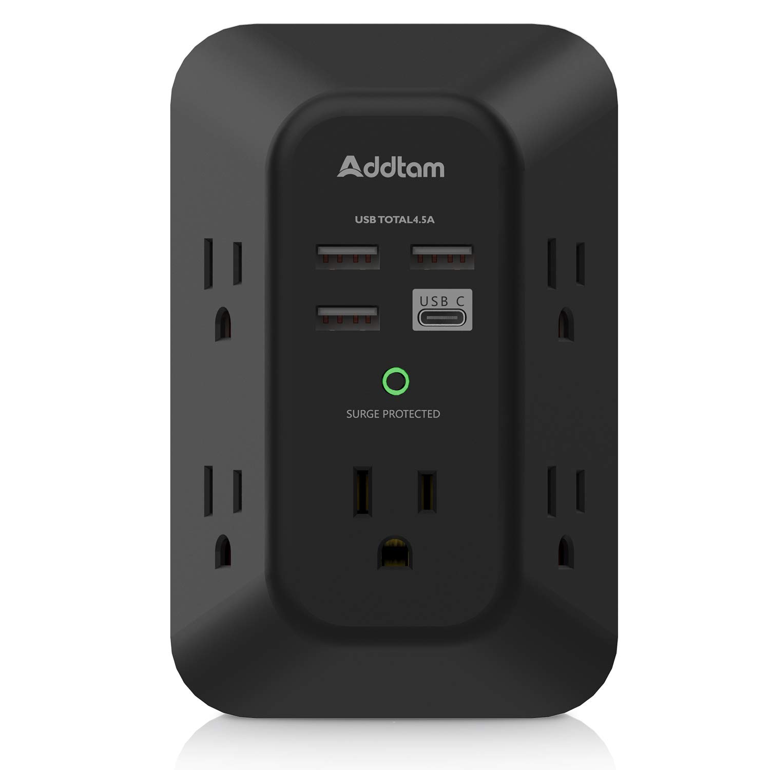 USB Wall Charger Surge Protector - Addtam 5 Outlet Extender with 4 USB Charging Ports (1 USB C), 3-Sided 1800J Power Strip Multi Plug Outlets Adapter Widely Spaced,Black