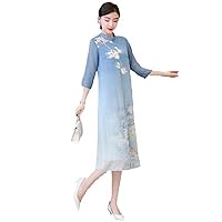 Chinese Style Hanfu Dress,Fake 2,Piece Set for Women with Retro Stand Collar Floral Print,Slit Party Dress