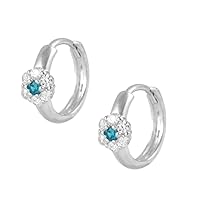 Girl's Sterling Silver Flower CZ Simulated Birthstone Huggie Hoop Earrings