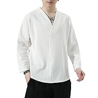 Summer Chinese-Style Men's 3/4 Sleeve T-Shirt for Youth, Casual Retro Hanfu T-Shirt