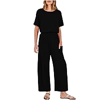 Cotton Linen Jumpsuits for Women Summer Casual Short Sleeve False Two Onesie Solid Button Back Wide Leg Trousers Rompers