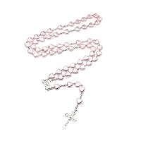 Catholic Pink Heart Bead Rosary Necklaces Heart Cross Religious Amulets For Women Girl Jewelry Meditation Gift Religious Necklaces