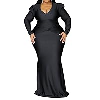 IyMoo Women's Plus Size Puff Long Sleeve Ruched Twist Knot Floor Length Long Formal Party Maxi Dress Evening Gown