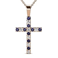 Blue Sapphire & Natural Diamond (SI2-I1,G-H) Cross Pendant 0.53 ctw 14K Gold. Included 16 Inches 14K Gold Chain.