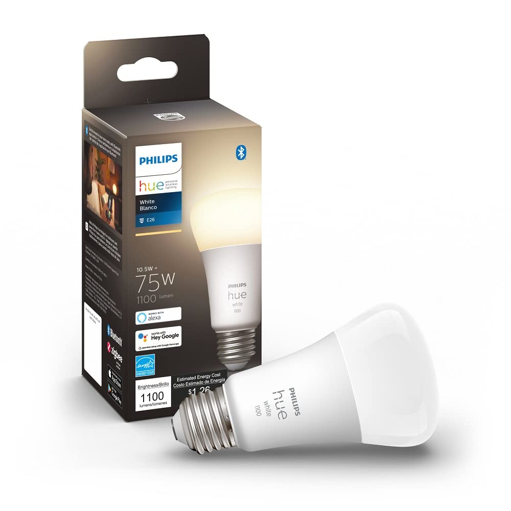 Philips Hue White A19 Medium Lumen Smart Bulb, 1100 Lumens, Bluetooth & Zigbee Compatible (Hue Hub Optional), Works with Alexa & Google Assistant, A Certified for Humans Device, 1 Bulb