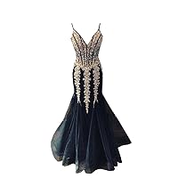 Deep V Neck Gold Beaded Sequins Mermaid Prom Evening Dress Formal Gowns with Spaghetti Straps 2024