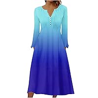 Women's Pleated Front Henley A-Line Dress Gradient Button V Neck Fall Fashion Long Sleeve Maxi Dress with Pockets