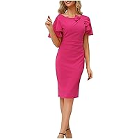Summer Business Casual Dress for Women Crewneck Ruffle Short Sleeve Bowknot Bodycon Pencil Dress Work Dress for Office Ladies