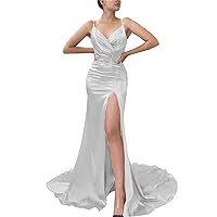 Spaghetti Strapless V Neck Satin Formal Dresses Mermaid Long Prom Dresses High Slit Evening Gowns for Women