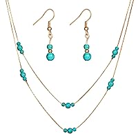 Wedity Double Layered Turquoise Necklace Earring Set Retro Round Turquoise Pendant Handmade Choker Necklaces Adjustable Jewelry for Women and Girls (Gold)