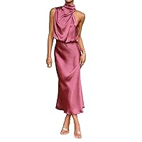 Summer Dress for Women, Women's Long Formal Satin Dress Mock Neck Sleeveless Side Slit Flowy Tank Dresses Maxi Dresses