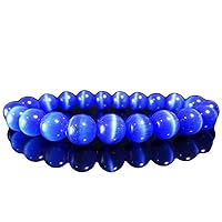 Unisex Bracelet 8mm Natural Gemstone Blue Cats Eye Round shape Smooth cut beads 7 inch stretchable bracelet for men & women. | STBR_02036