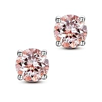 JIANGXIN Round cut Peach Morganite 925 Sterling Silver White Gold Plated Stud Earrings Fine Jewelry for Women 3mm 4mm 5mm 6mm