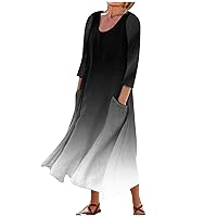 3/4 Sleeve Dresses for Women Summer Casual Long Dress Flowy Beach Sundresses Printed Boho Maxi Dresses with Pockets