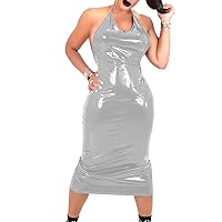 Ladies High Street Bodycon Midi Club Party Dress Women Sexy V-Neck Lace Up Halter Backless Slim PVC Dress