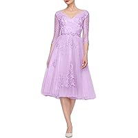 A-Line Elegant Mother of The Bride Dress V Neck 3/4 Length Sleeve Tea Length Wedding Guest Dress Party Dress 2024